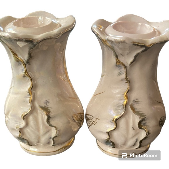 Vintage planter and candlestick holder pink with gold trimming. - Picture 13 of 16